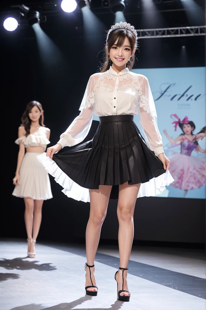 Amazingly large eyes、Smiling expression with white teeth visible、H cup bust、50cm waist、Slender and fair-skinned、Japan woman with long hair、20-year-old、Slim figure、Wearing a pleated skirt and a sheer lace blouse that flutters in the vivid breeze、Wearing high heels。On the runway at a fashion show、Her whole body was shown, from her high heels to her head, as she walked towards the viewer.、Bright, photo-quality images。