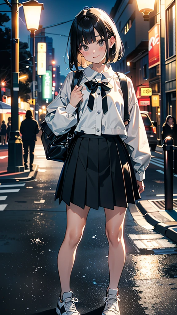 (8K, RAW Photos, 最high quality, masterpiece:1.2), high qualityのRAWカラー写真, Professional photo shoot, Cinematic Light, alone, (((young woman, Gal))), (Sharp features), (Small face), (Skin with attention to detail:1.2), clavicle, Cute face, Beautiful appearance, Long eyelashes,Girl Turning Around, smile, (Black Hair, Bobcut、), open white shirt、Belly button, Very short grey pleated mini skirt, Black sneakers, Backpack, Night Park, Confident attitude, Capture the happy moment, Artistic painting,Attractive thighs, (Very nice touch:1.2),はにかんだsmile), Peaceful atmosphere, Oil painting style, Bright colors, (Are standing:1.5, Townscape at night, Full body portrait), Smooth texture, Gazing Eyes, Beautiful Skin, Shiny skin, ((Perfect Fingers, Five Fingers, Anatomically correct)), Background Blur, high quality, Surreal, ((Very detailed, photo shoot)),Many people々、blush、plump、White skin、Bag with stuffed toy