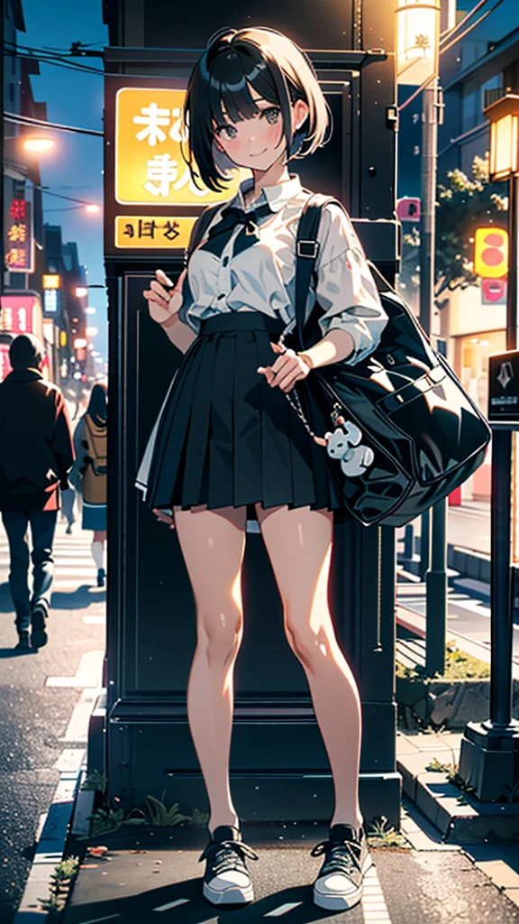 (8K, RAW Photos, 最high quality, masterpiece:1.2), high qualityのRAWカラー写真, Professional photo shoot, Cinematic Light, alone, (((young woman, Gal))), (Sharp features), (Small face), (Skin with attention to detail:1.2), clavicle, Cute face, Beautiful appearance, Long eyelashes,Girl Turning Around, smile, (Black Hair, Bobcut、),  open white shirt、Belly button, Very short grey pleated mini skirt, Black sneakers, Backpack,  Night Park, Confident attitude, Capture the happy moment, Artistic painting,Attractive thighs, (Very nice touch:1.2),はにかんだsmile), Peaceful atmosphere, Oil painting style, Bright colors, (Are standing:1.5, Townscape at night, Full body portrait), Smooth texture, Gazing Eyes, Beautiful Skin, Shiny skin, ((Perfect Fingers, Five Fingers, Anatomically correct)), Background Blur, high quality, Surreal, ((Very detailed, photo shoot)),Many people々、blush、plump、White skin、Bag with stuffed toy