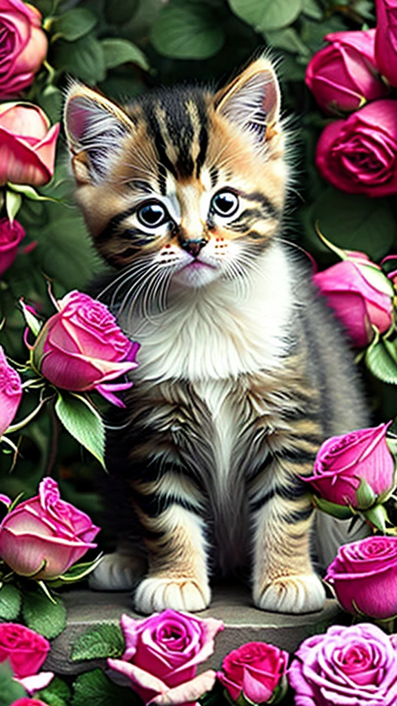 In this ultra-detailed CG art, Adorable kitten surrounded by fantastic roses, Highest quality, High resolution, Intricate details, Fantasy, Cute Animals