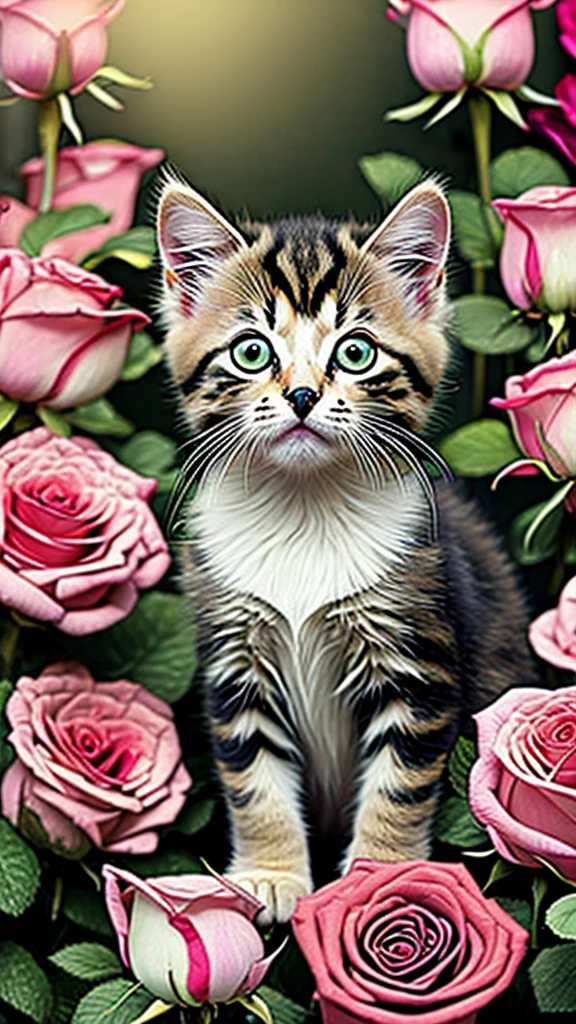 In this ultra-detailed CG art, Adorable kitten surrounded by fantastic roses, Highest quality, High resolution, Intricate details, Fantasy, Cute Animals