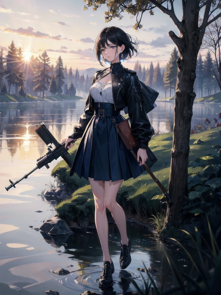 absurdres, RAW photo, extremely delicate and beautiful, masterpiece, Best Quality, ultra high resolution, 32k, hyperrealistic, ultra-detailed, in her 20s, delicate facial features, tearful mole, earring, medium breasts, full body shot, shorter middle hair, black hair, long sleeves, jacket, outdoors, holding weapon, blue skirt, rifle,