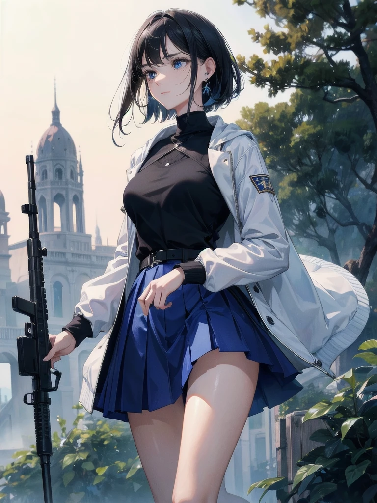 absurdres, RAW photo, extremely delicate and beautiful, masterpiece, Best Quality, ultra high resolution, 32k, hyperrealistic, ultra-detailed, in her 20s, delicate facial features, tearful mole, earring, medium breasts, full body shot, shorter middle hair, black hair, long sleeves, jacket, outdoors, holding weapon, blue skirt, rifle,