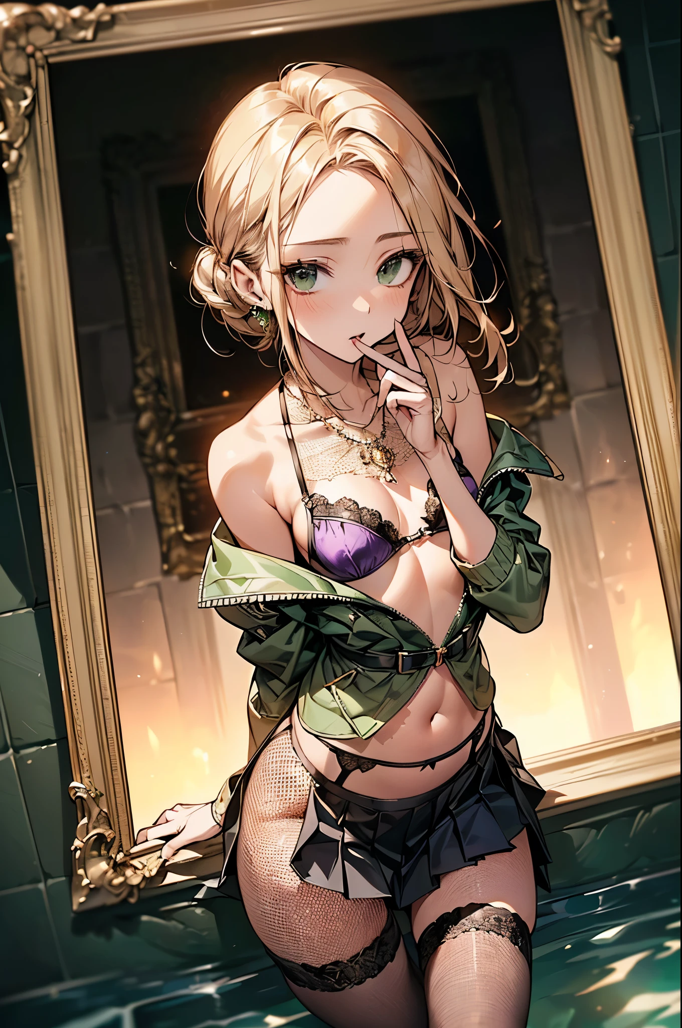 ((Biologically correct limb count))、(( Full-body photo including face))、4K、((Standing position))、masterpiece、((Focus on the face))、((Symmetrical facial features))、Eye for detailed depiction、Beautiful blue-haired woman、Excellent style、Beautiful clavicle、Beautiful feet、Beautiful Hands、Slender body、(stockings、garter belt、High heels)、Facial detailing、Small earrings、necklace、(rubber jacket、Pleated skirt)、High heelsに照明を当てる、tie、sunny、(((Photo frame with white border)))、Fascinating、((She is sitting with her buttocks thrust back and her upper body arched, looking up.))、Night Pool、(Low - Angle、A camera angle that captures the inside of a skirt from below)、Silk gloves、(((Green blonde with purple mesh)))、(((Moments of ecstasy)))、