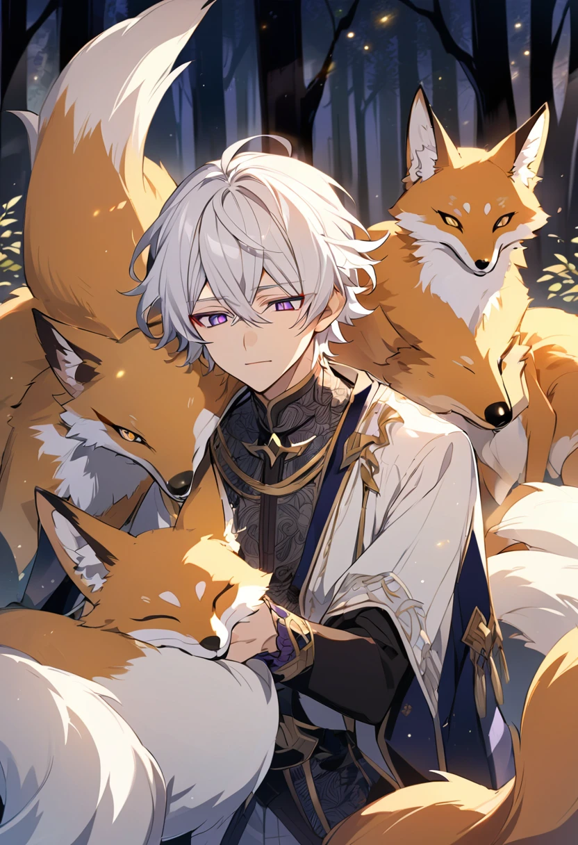 Curly white hair, male, anime, Fox tail, Fox, Bicolor uneven pupils, Purple eyes, golden eyes, Clasp your hands together to support your cheeks, Look down, Forest of Moonlit Night