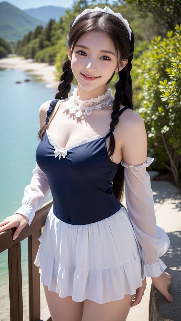 ((masterpiece)), ((highest quality、Ultra high definition)), (Very detailed),8K、Photo quality、((Amazingly cute girl)),( ), Two people, , (Beautiful emerald blue eyes), ((smile)),In the open-air bath overlooking the sea, Beautifully arranged black hair in twin tails、whole body、Cute lolita maid stylimsuit))、Professional Lighting、(White lace knee-highore detailed and beautiful)、(More details and cutenesore realistic)、(((Just wear light clothing)))、プールではしゃぐ、