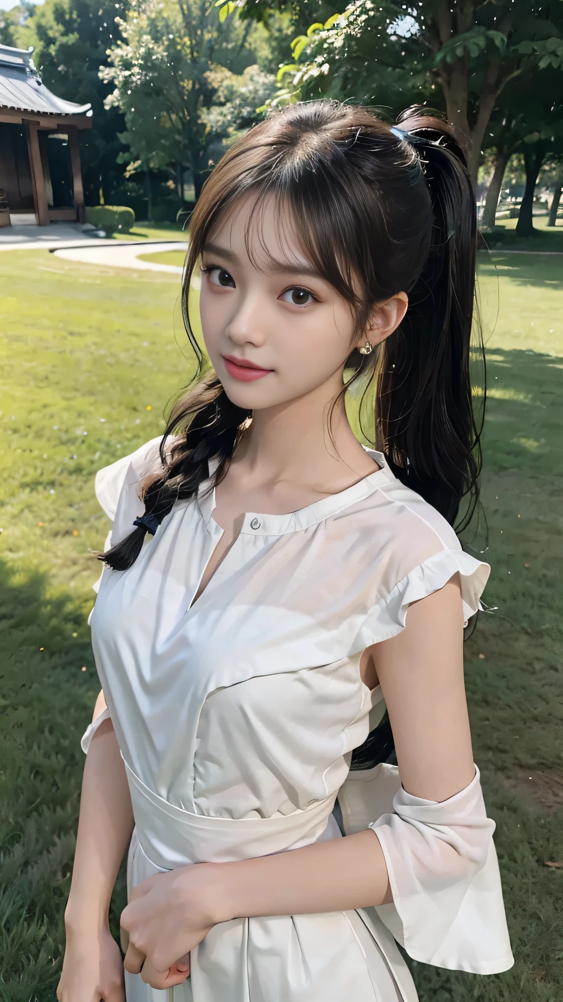 collared dress,European park,On the lawn,One woman,masutepiece, The highest image quality, High quality, the background is clear,Beautiful woman, Japanese,Ultra-detailed, finely detail, hight resolution, 8K Wallpaper, Perfect dynamic composition, Beautiful detailed eyes , Detailed, Detailed eyes, Detailed skin, Beautiful skin, 超hight resolution, (reality: 1.4),Very beautiful woman, Slightly younger face, Beautiful skin, slender, (Ultra photo realsisim), (hight resolution), (8K), (Very detailed) (beautifully detailed eyes), (super detailed), (Detailed face), view the viewer, Fine details, Detailed face, Staring straight ahead, Staring straight ahead, photos realistic, Bright lighting, Professional Lighting, Black hair,poneyTail,a baby face,sixteen years old,Hairstyle: ponytail,Long ponytail hairstyle,slight smile,neat and tidy clothing,Beautiful Japanese KPOP idol photo, hair style is ponytail, my eyes are double and wide, baby face, smile and look straight ahead, slender, small breasts,Close up face,