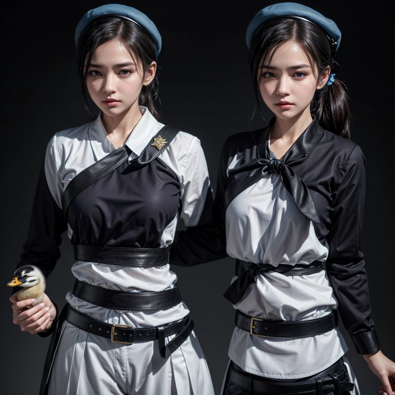 female realistic character with black hair tied with ponytail, white blouse with blue and black decoration, black pants with white decorations and a black belt, she holding a brown duckling, the duckling with a little black hat and a blue outfit, She, I want a purple blindfold.