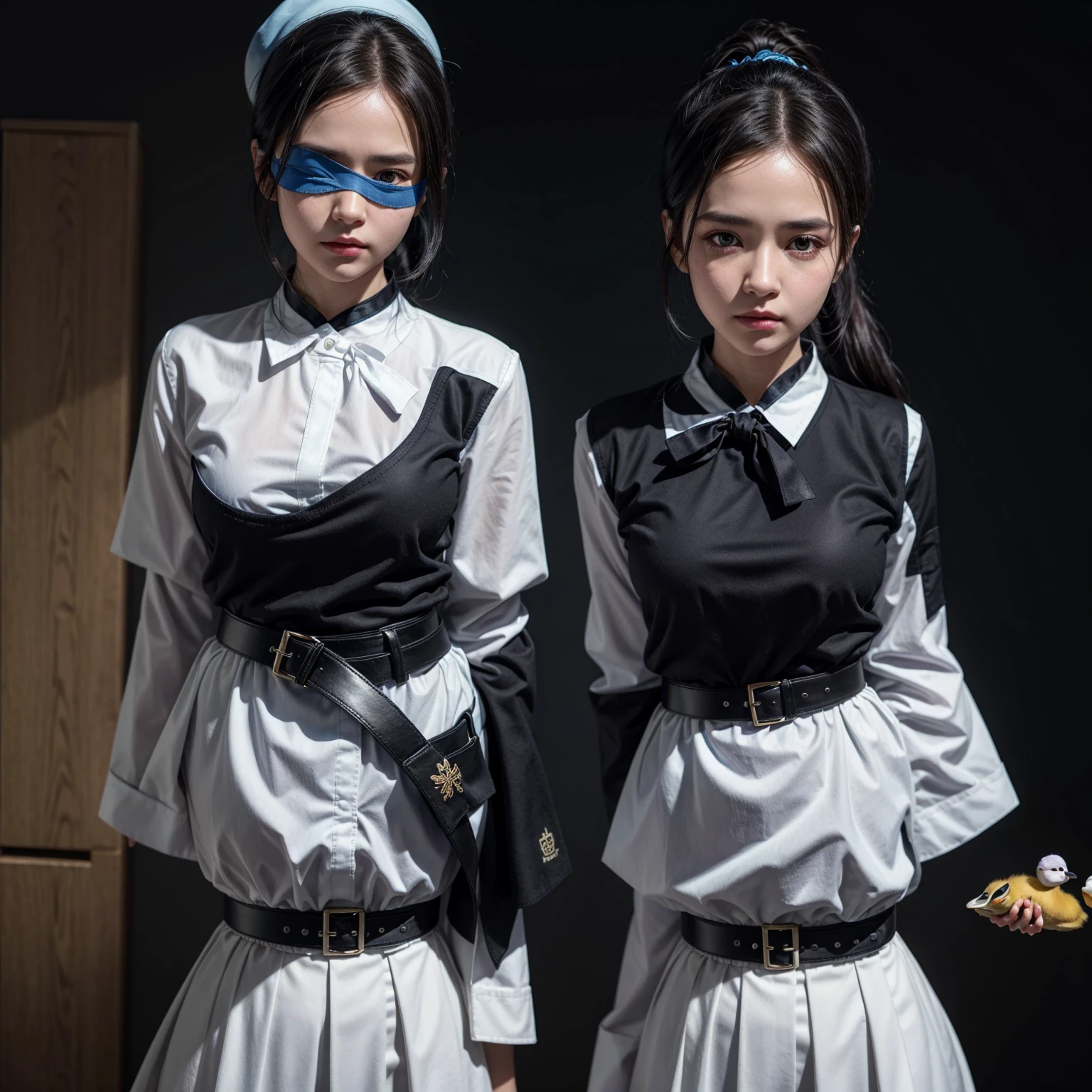 female realistic character with black hair tied with ponytail, white blouse with blue and black decoration, black pants with white decorations and a black belt, she holding a brown duckling, the duckling with a little black hat and a blue outfit, She, I want a purple blindfold.