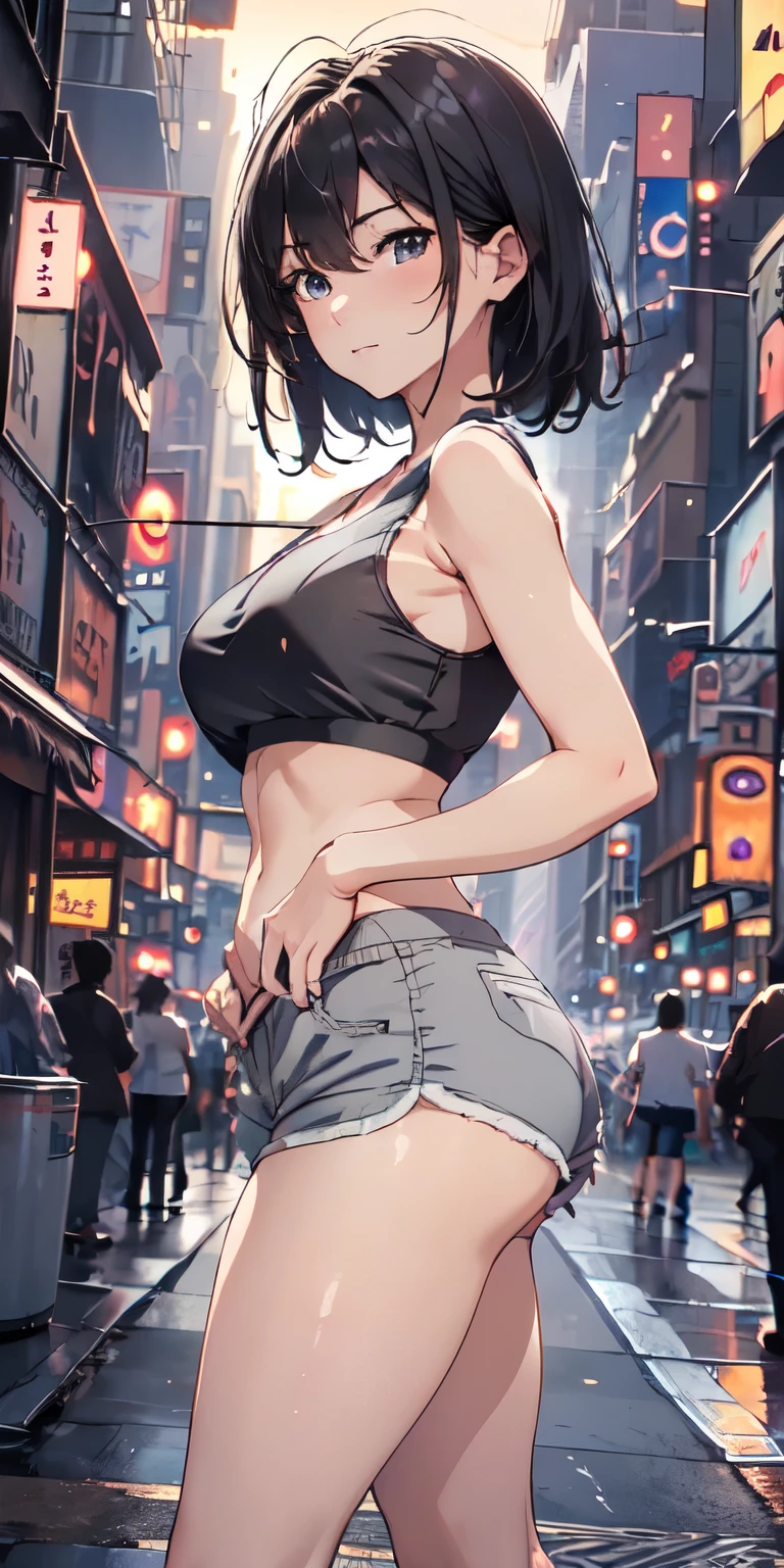 (masterpiece, best quality:1.37), high resolution, Very detailed, Super sharp, rest, Korean school idol, (((1 girl:1.37, Solitary))), (Beautiful anime face, Cute face, Delicate face), (Black Hair, Thinning hair, short hair, Bangs, Ji Qie), Beautiful blue eyes, rest, ((Detailed Grey Sports Bra:1.5), (Detailed shorts:1.5)), rest, Cute appearance, Watermelon ears, Detailed clothes), A faint smile, shut your mouth, Open your lips, Pink lipstick, rest, ((Everlasting, put your arms behind your back,:1.3, Cowboy shooting)), Detailed human hands, HDTV:1.2, ((Detailed sunset New York city downtown street scene background:1.3)), 8 life size, Slender, Anime style, Anime style school girl, Perfect anatomical structure, Perfect proportion, Inspired by Kyoto Animation and A-1 Pictures, night, Excellent lighting, Vibrant colors, Clear lines, lifelike,Nude