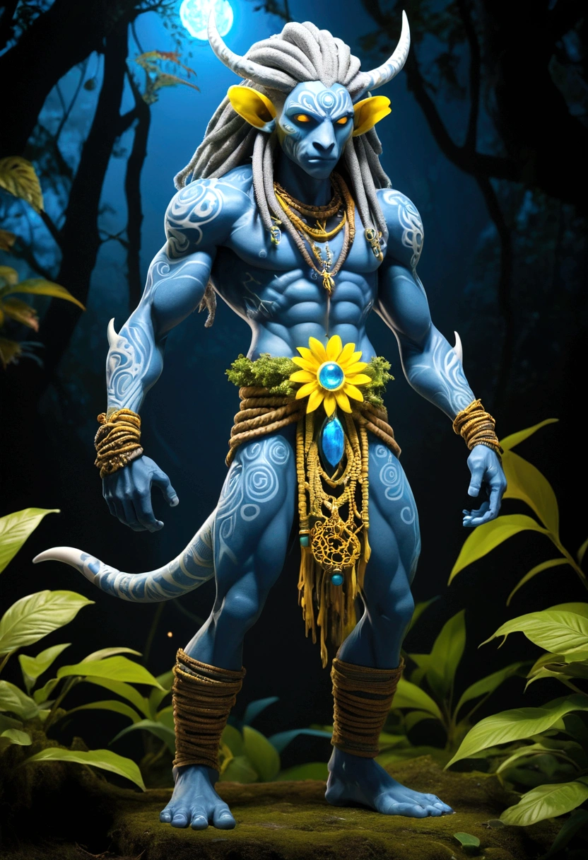 full body view with depth An epic, a scaly skin, Rasta style hair around, he wears a cord with mystical symbols illustration of a shadowy entity. A tall, muscular humanoid figure with unusual features, like white skin like plaster, cut mouth, slanted and larger than normal yellow eyes and large ears, pointed, thin and strange, wearing blue-gray clothes.at night, o Forest Spirit se transforma no Daidarabotchi, an imposing figure, translucent and more abstract that glows with a blue light. In this form, the steps of the spirit cause vegetation to grow and wither, highlighting your role as giver and taker of life. Bright floating flower balls represent the essence of the forest