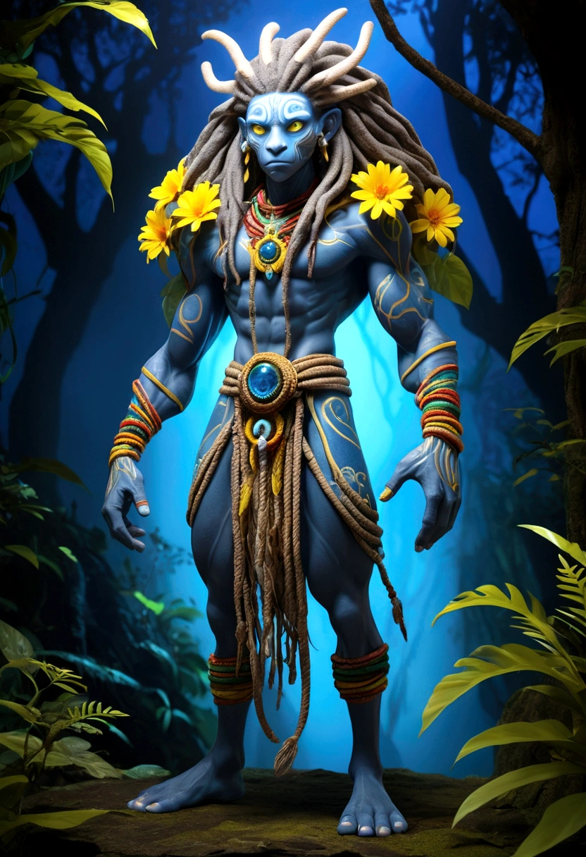 full body view with depth An epic, a scaly skin, Rasta style hair around, he wears a cord with mystical symbols illustration of a shadowy entity. A tall, muscular humanoid figure with unusual features, like white skin like plaster, cut mouth, slanted and larger than normal yellow eyes and large ears, pointed, thin and strange, wearing blue-gray clothes.at night, o Forest Spirit se transforma no Daidarabotchi, an imposing figure, translucent and more abstract that glows with a blue light. In this form, the steps of the spirit cause vegetation to grow and wither, highlighting your role as giver and taker of life. Bright floating flower balls represent the essence of the forest