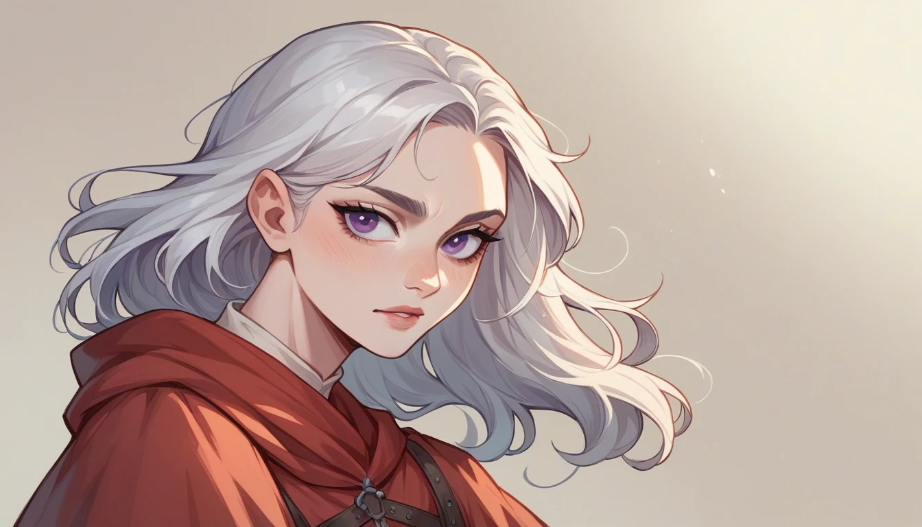 Make me an image in the Game of Thrones universe: Targaryen woman, with platinum hair and violet eyes, fair skin, an oval and delicate face. Make her wearing a red and simple medieval dress