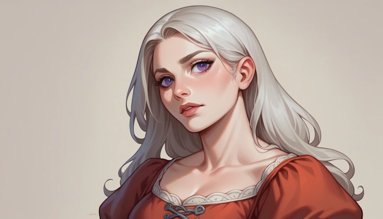 Make me an image in the Game of Thrones universe: Targaryen woman, with platinum hair and violet eyes, fair skin, an oval and delicate face. Make her wearing a red and simple medieval dress