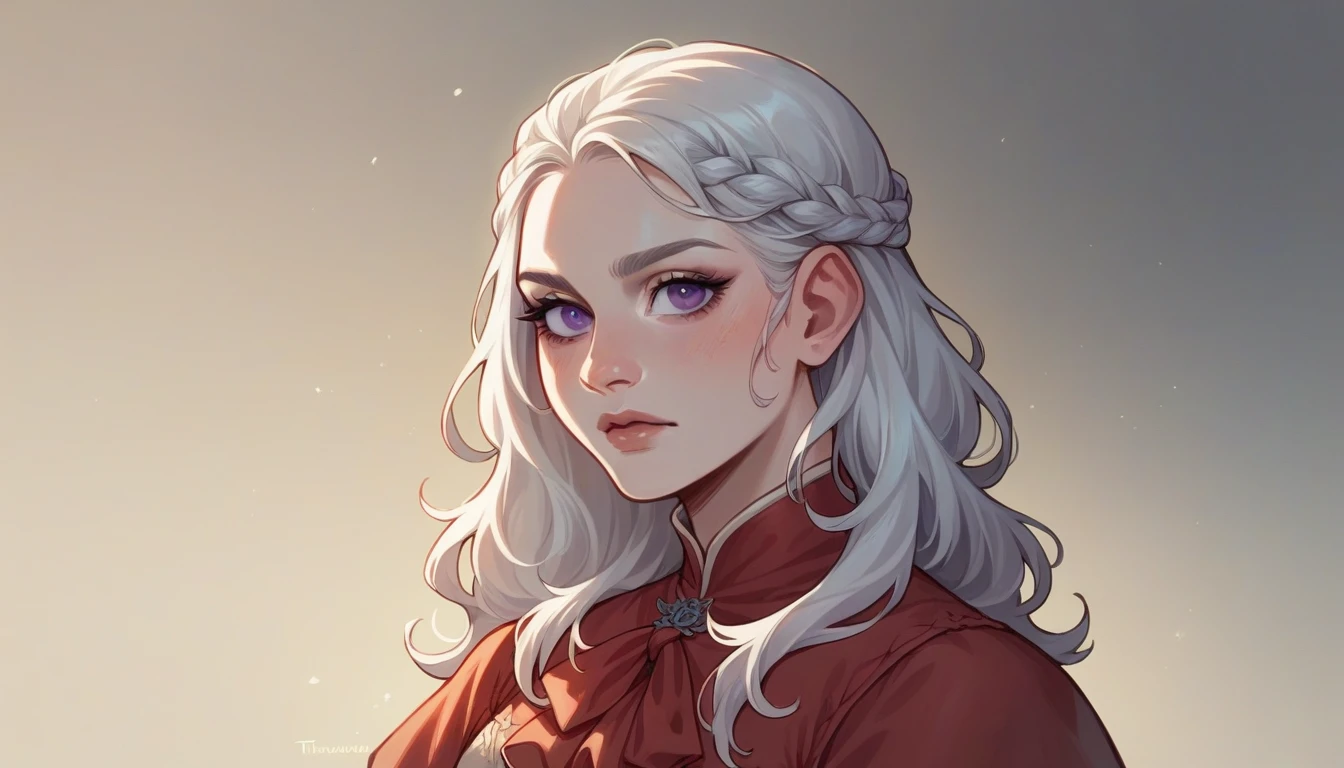 Make me an image in the Game of Thrones universe: Targaryen woman, with platinum hair and violet eyes, fair skin, an oval and delicate face. Make her wearing a red and simple medieval dress