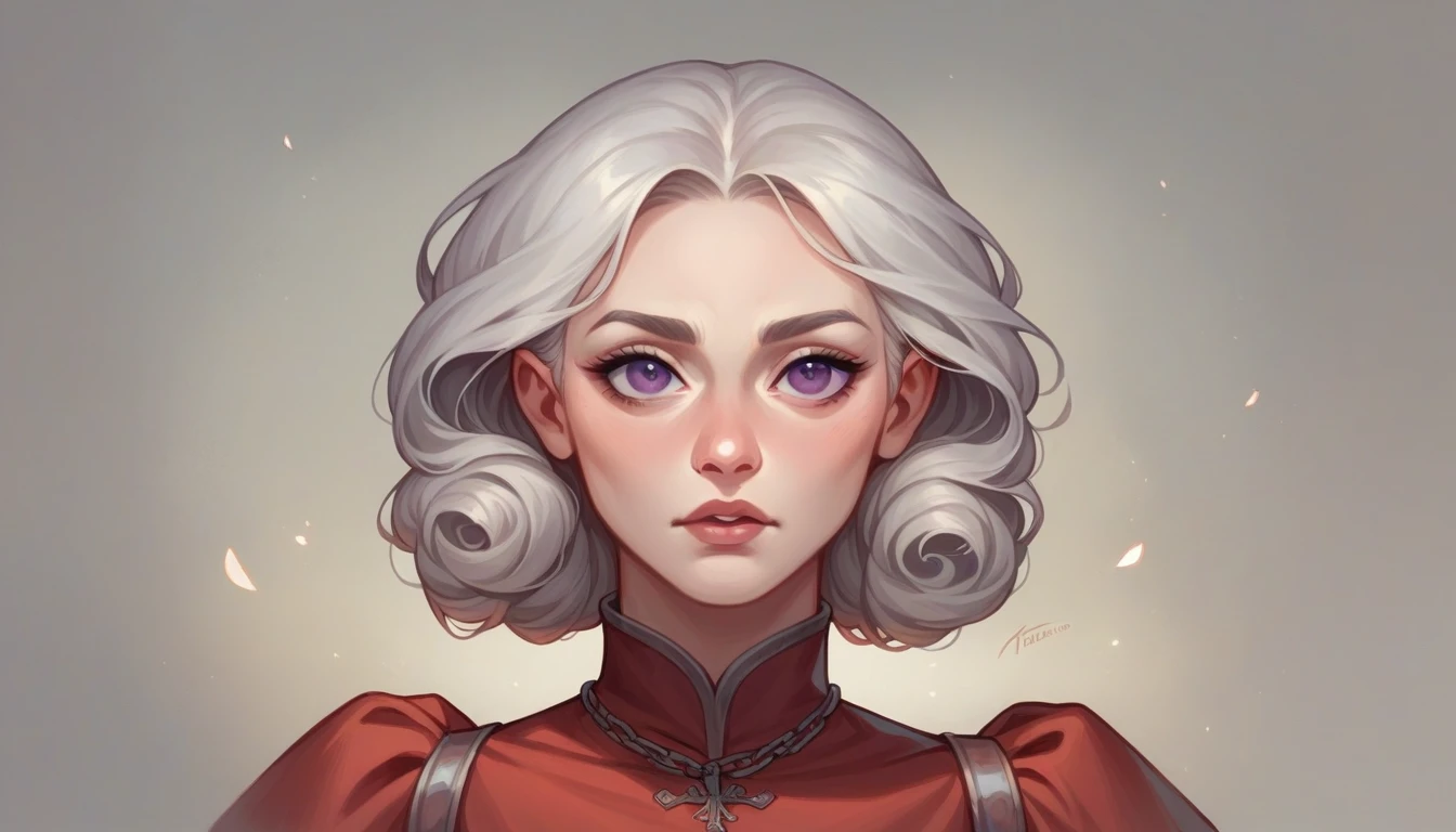 Make me an image in the Game of Thrones universe: Targaryen woman, with platinum hair and violet eyes, fair skin, an oval and delicate face. Make her wearing a red and simple medieval dress
