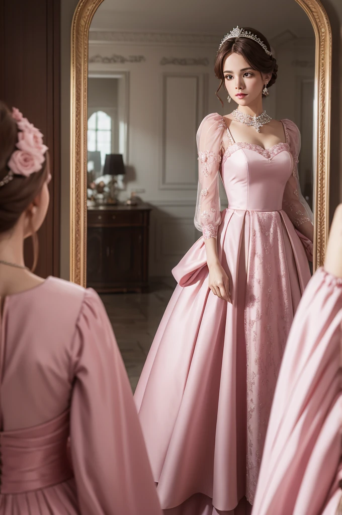Pink royal dress on the mannequin in front of a mirror in a 4k real environment