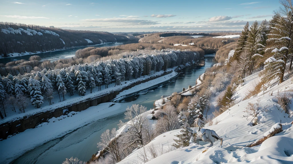 winter, view from a cliff, forest, river, in the distance, a fairytale prince rides a white horse, beautiful, fairytale-like