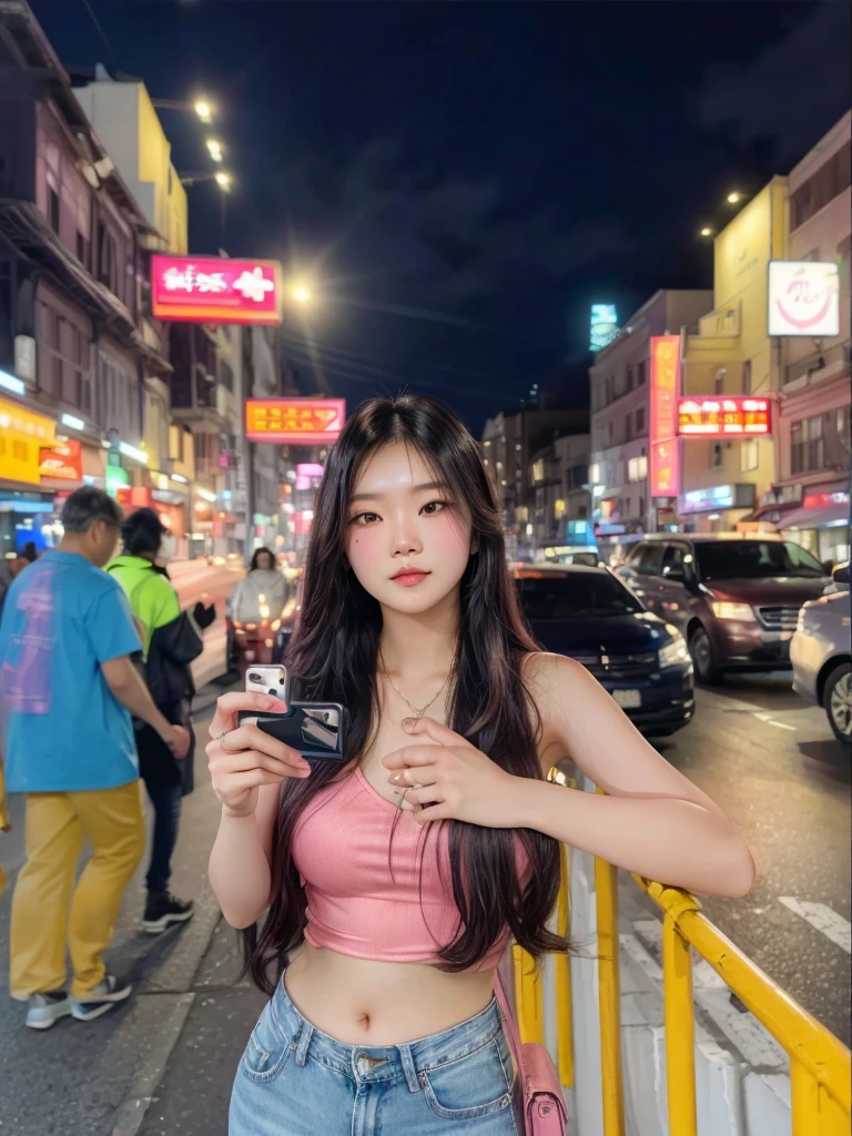woman in pink top and jeans standing on street corner with cell phone, asian girl with long hair, 24 year old female model, 8k selfie photograph, shot on nikon z9, 8k artgerm bokeh, street pic
