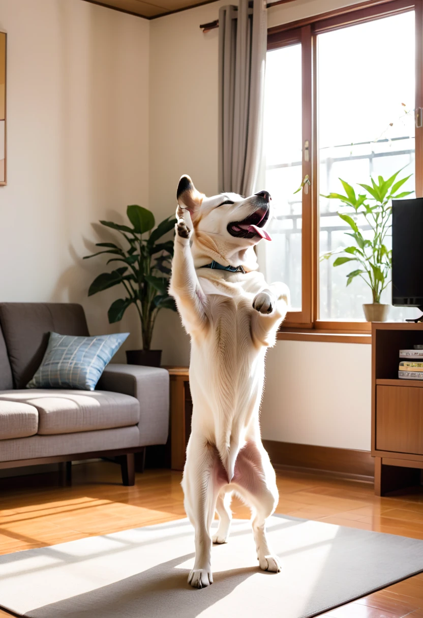 Morning Stretching: In the living room with the morning light streaming in、柴犬が背While stretchingストレッチしているシーン。While stretching、The big yawn is so cute、Enhances the refreshing morning atmosphere。