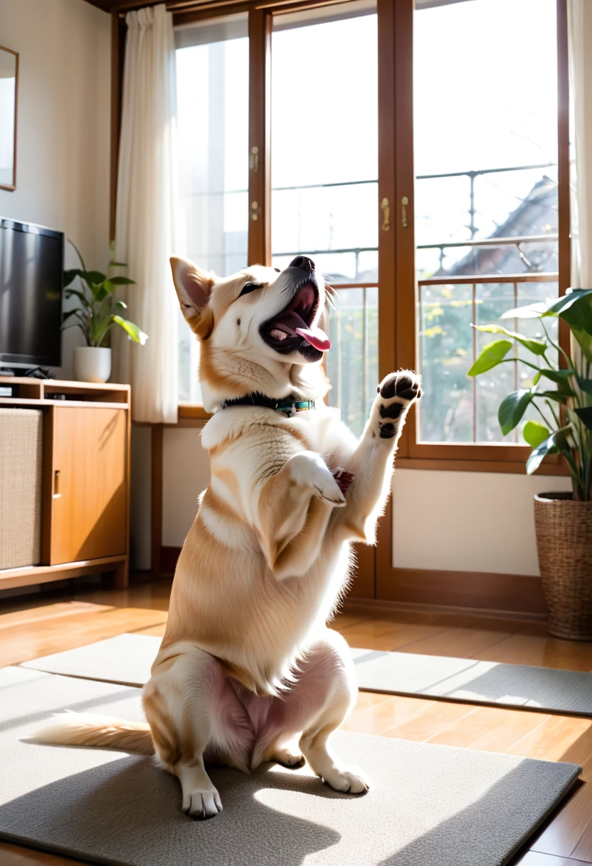 Morning Stretching: In the living room with the morning light streaming in、柴犬が背While stretchingストレッチしているシーン。While stretching、The big yawn is so cute、Enhances the refreshing morning atmosphere。