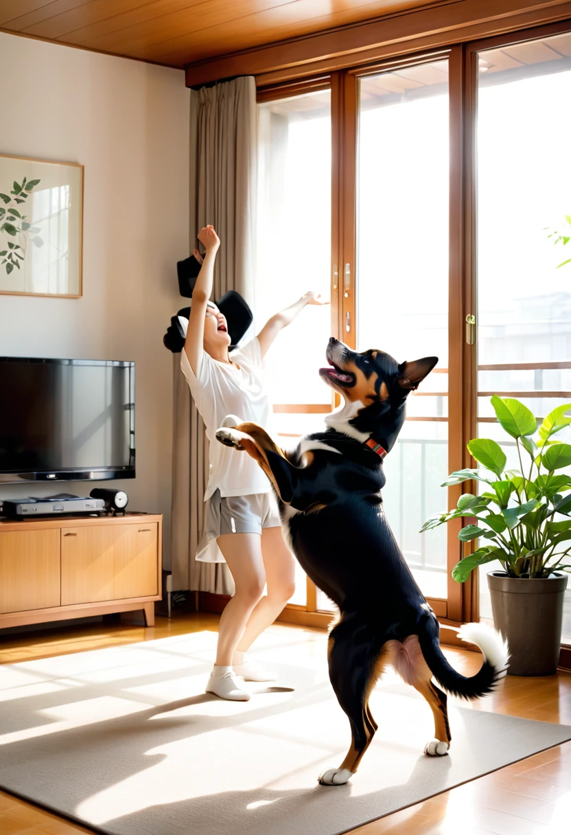 Morning Stretching: In the living room with the morning light streaming in、柴犬が背While stretchingストレッチしているシーン。While stretching、The big yawn is so cute、Enhances the refreshing morning atmosphere。