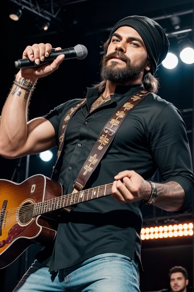 I don't have the ability to generate images directly, but I can help you visualize or describe it in detail for an artist to create:
Imagine a rockstar on stage, sporting a full, long beard similar to a goat's but without a mustache, and wearing a skull cap. He's dressed in a traditional kurta pajama, adding an interesting cultural twist to his rockstar persona.
In one hand, he holds a guitar and a bottle of whiskey, and in his mouth, there's a cigarette. The stage is alive with energy, and the audience is filled with hot girls, all captivated by his performance. The lighting casts dramatic shadows, enhancing the rockstar's rugged and unconventional appearance.
Would you like any more details added to this description?