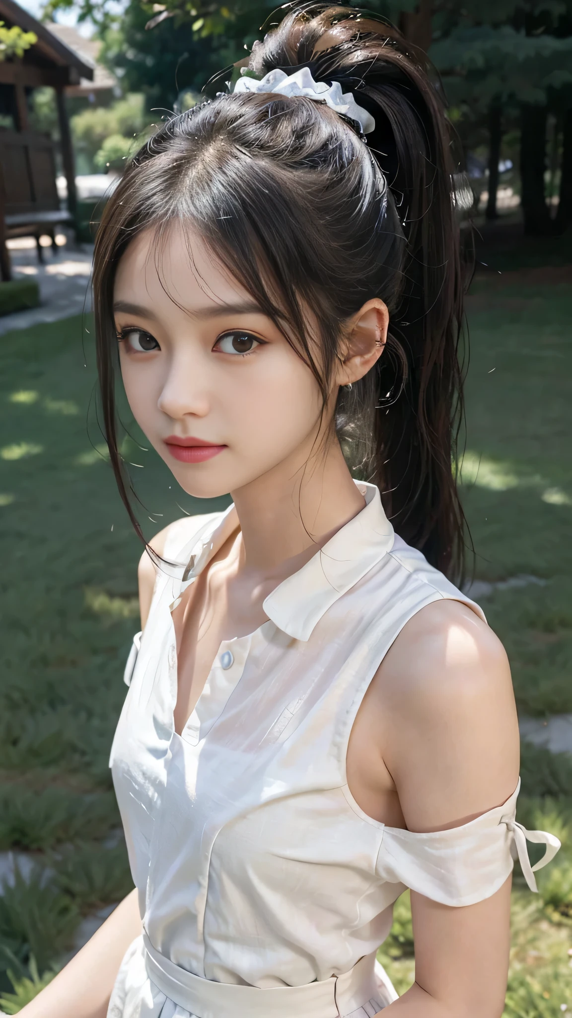 collared dress,European park,On the lawn,One woman,masutepiece, The highest image quality, High quality, the background is clear,Beautiful woman, Japanese,Ultra-detailed, finely detail, hight resolution, 8K Wallpaper, Perfect dynamic composition, Beautiful detailed eyes , Detailed, Detailed eyes, Detailed skin, Beautiful skin, 超hight resolution, (reality: 1.4),Very beautiful woman, Slightly younger face, Beautiful skin, slender, (Ultra photo realsisim), (hight resolution), (8K), (Very detailed) (beautifully detailed eyes), (super detailed), (Detailed face), view the viewer, Fine details, Detailed face, Staring straight ahead, Staring straight ahead, photos realistic, Bright lighting, Professional Lighting, Black hair,poneyTail,a baby face,sixteen years old,Hairstyle: ponytail,Long ponytail hairstyle,slight smile,neat and tidy clothing,Beautiful Japanese KPOP idol photo, hair style is ponytail, my eyes are double and wide, baby face, smile and look straight ahead, slender, small breasts,Close up face,