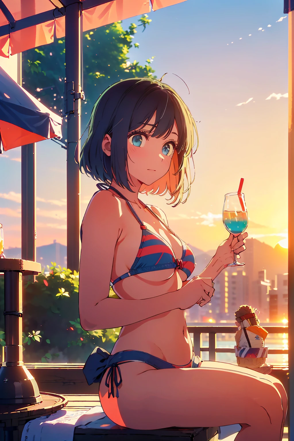 (Highest quality:1.4、masterpiece:1.4、Super detailed:1.4、8K:1.4)、F cup bust、Big Breasts、Slim body、((((1 person、Surprised expression、sit、In the background are the urban buildings of Tokyo、looking at the camera、Outdoor café terrace、Sunset Beach、Navy hair color、juice、Shooting from a distance、table、sunset、Very cute face))))、((((bikini size too small))))、Big eyes、((((Shallow depth of field))))、Holding a glass