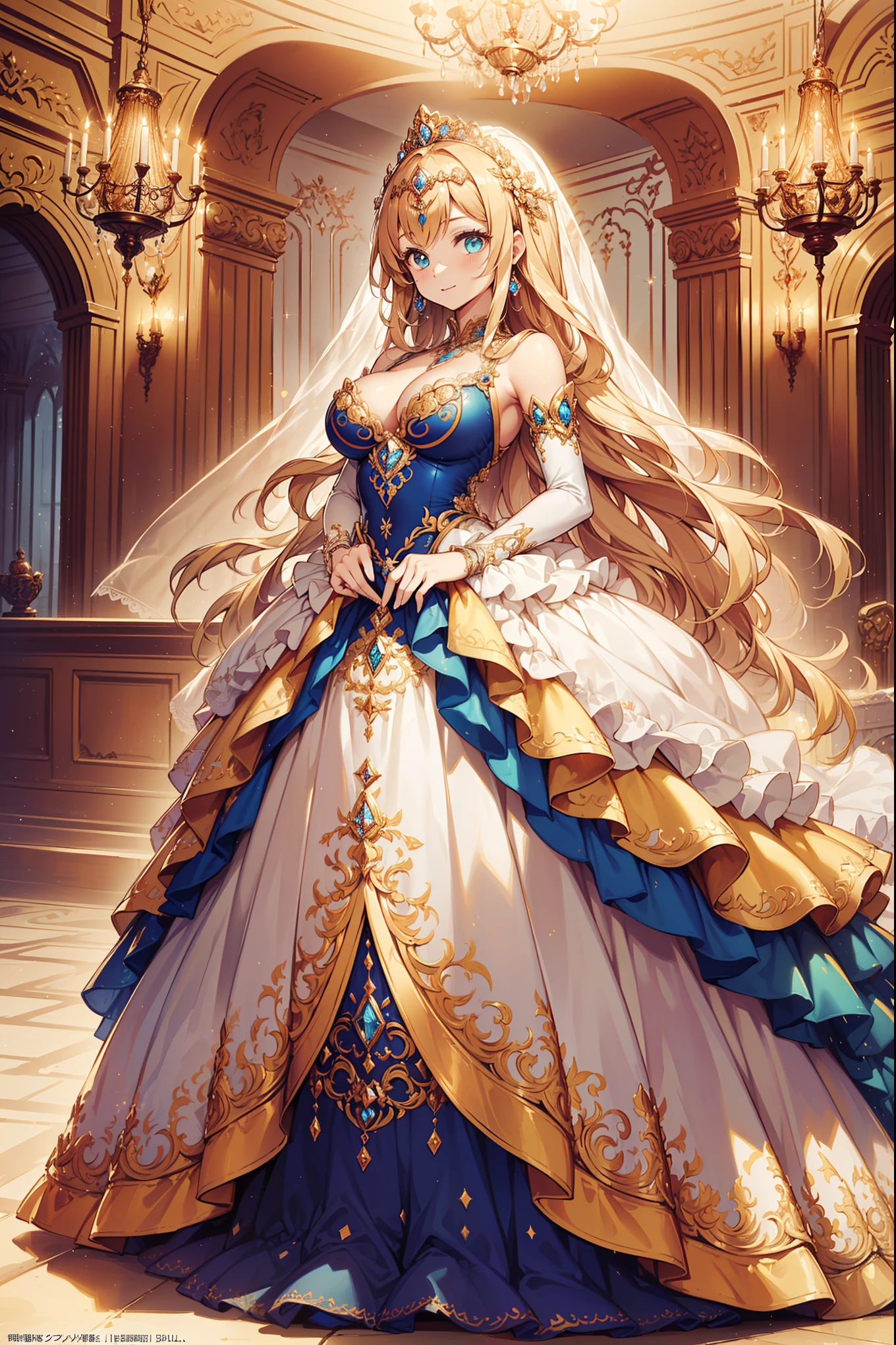 ((Anime art style)),(Masterpiece),(Best quality), (Super detail),((Very delicate and beautiful)),1 girl,((Full body portrait)),Stand at the Palace of Versailles,((Solo)),Digital art,(((1 princess in a gorgeous Rococo Princess ball dress，Wear yours with a voluminous full-length hoop skirt))),crinoline,((Beautiful embroidery and jewelry)),Plump frills,See-through,(Gorgeous embroidery and beautiful lace),((Plenty of straight hair,Extremely fluffy hair,Very long straight hair)),((finely detailed face and eyes)),Extremely gorgeous hair accessories,(Bling gemstones extremely gorgeous crowns),(Gorgeous gemstone jewelry，Sparkling gold),Long veil,(Beautiful background),full bodyesbian,((Gorgeous Rococo princess ball dress，Wide, full-length hoop skirt))