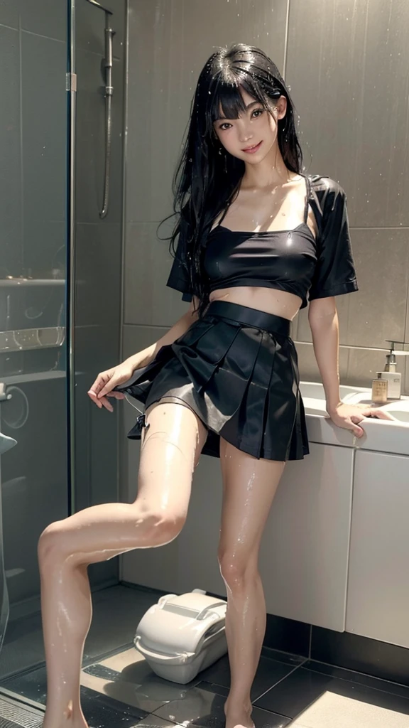 very cute, extremely detailed eyes and face, eyes with beautiful details, Japanese idle (Japanese actress), slender, (medium breasts), (1girl), (straight hair), (blunt bangs), (black hair), (fixed focal lens), (nsfw), (on the bathroom:1.4), (wearing  and skirt:1.3), (smile), (open legs:1.3), (skirt lifted:1.3), (wet clothes:1.4), (show panties), (wearing micro bikini:1.4)