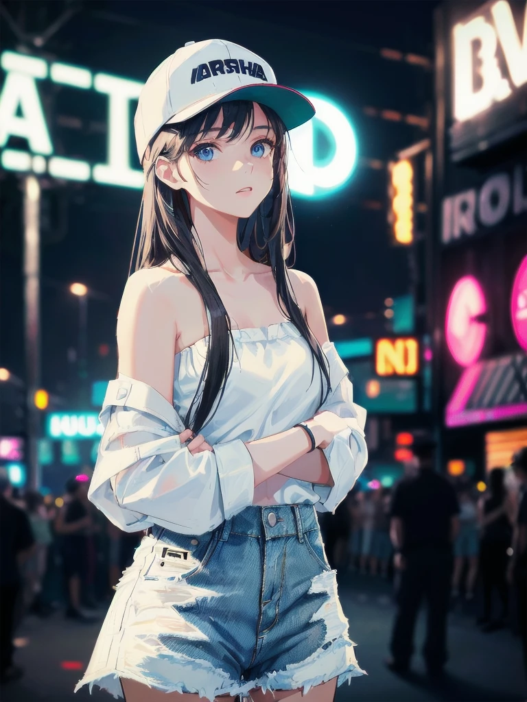 (1girl), solo, long_hair, wearing(strapless-white-shirt, denim-short, snapback-hat), photo(medium-shot), portrait, standing, pov, blurry_background, background(urban, neon, nightclub, outdoors), (photorealistic, absurdres, best_quality:1.55),