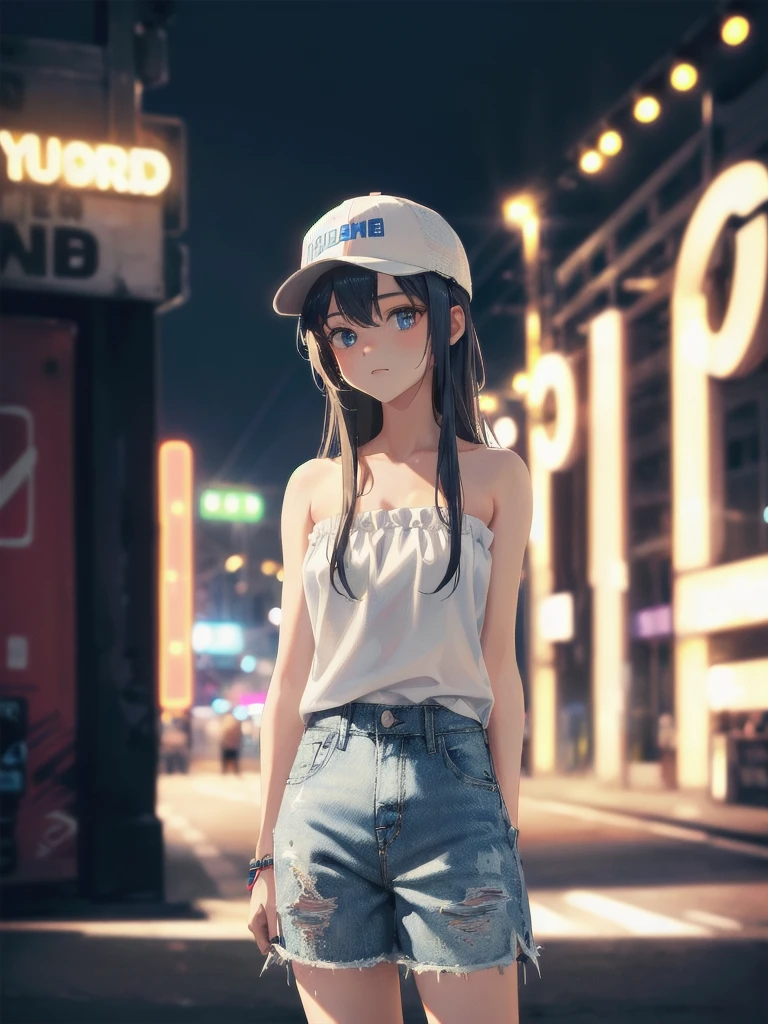 (1girl), solo, long_hair, wearing(strapless-white-shirt, denim-short, snapback-hat), photo(medium-shot), portrait, standing, pov, blurry_background, background(urban, neon, nightclub, outdoors), (photorealistic, absurdres, best_quality:1.55),