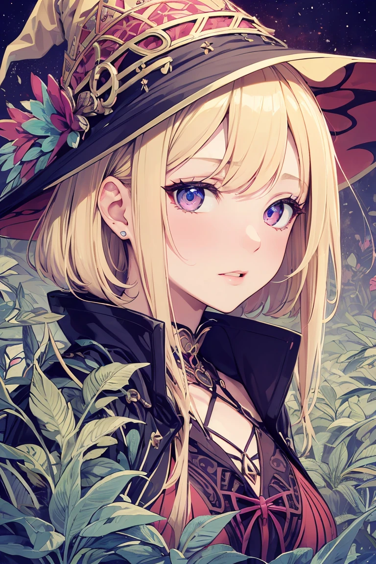masterpiece, absurdres, best quality, ultra detailed, high Resolution, detailed illustration, bright colour, (extremely beautiful detailed face and eyes, Delicate beautiful face, 1 girl, cute face:1.3), (magenta eyes:1.1), sparkling eyes, big eyes, big breasts, (perky breasts:1.1), (pointy breasts:1.1), medium hips, glamorous body, white skin, BREAK, long bob cut, (blonde hair:0.8), messy hair, detailed hair, shiny hair, BREAK (undressed, witch:1.3), perfect lighting, (embarrassed:1.3), (ecstasy, vulgarity:1.5), (trembling:0.8), (art nouveau:1.3), (Zentangle:1.2), 