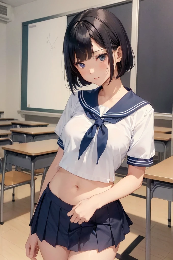NSFW、(Short sleeve white sailor uniform:1.3)、(Dark blue micro mini skirt dark blue:1.2)、(White string panties:1.2)、Dark blue micro mini skirt dark blue、Mature Woman、Toned body、Big Breasts、(tall、daddy longlegs、175cm)、(quality)）、((masterpiece)）、(これはclassroomでセーラー服を着たセクシーな女子高生のクローズアップショットです:1.4)、(solo:1.4)、(One girl:1.4)、(Very short black hair:1.3)、(Light blue eyes:1.2)、(belly button:1.1)、(Navy collar、Yellow tie)、Dark blue micro mini skirt dark blue、Recommended results、Plump nipples、Stand up straight、Abdominal muscles、Huge bust、Angle to floor:1.2、Low camera angle、School、classroom