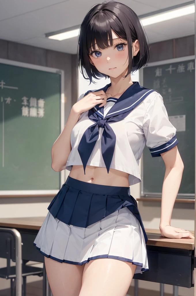 NSFW、(Short sleeve white sailor uniform:1.3)、(Dark blue micro mini skirt dark blue:1.2)、(White string panties:1.2)、Dark blue micro mini skirt dark blue、Mature Woman、Toned body、Big Breasts、(tall、daddy longlegs、175cm)、(quality))、((masterpiece))、(これはclassroomでセーラー服を着たセクシーな女子高生のクローズアップショットです:1.4)、(solo:1.4)、(One girl:1.4)、(Very short black hair:1.3)、(Light blue eyes:1.2)、(belly button:1.1)、(Navy collar、Yellow tie)、Dark blue micro mini skirt dark blue、Recommended results、Plump nipples、Stand up straight、Abdominal muscles、Huge bust、Angle to floor:1.2、Low camera angle、School、classroom
