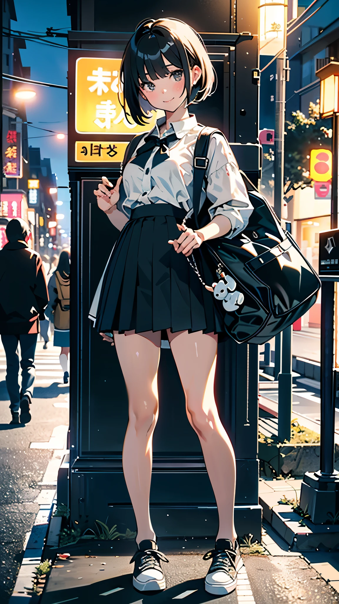 (8K, RAW Photos, 最high quality, masterpiece:1.2), high qualityのRAWカラー写真, Professional photo shoot, Cinematic Light, alone, (((young woman, Gal))), (Sharp features), (Small face), (Skin with attention to detail:1.2), clavicle, Cute face, Beautiful appearance, Long eyelashes,Girl Turning Around, smile, (Black Hair, Bobcut、),  open white shirt、Belly button, Very short grey pleated mini skirt, Black sneakers, Backpack,  Night Park, Confident attitude, Capture the happy moment, Artistic painting,Attractive thighs, (Very nice touch:1.2),はにかんだsmile), Peaceful atmosphere, Oil painting style, Bright colors, (Are standing:1.5, Townscape at night, Full body portrait), Smooth texture, Gazing Eyes, Beautiful Skin, Shiny skin, ((Perfect Fingers, Five Fingers, Anatomically correct)), Background Blur, high quality, Surreal, ((Very detailed, photo shoot)),Many people々、blush、plump、White skin、Bag with stuffed toy