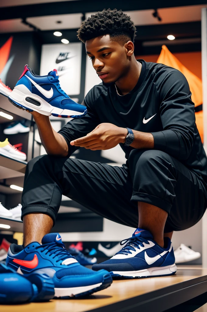 A young man in a Nike store looking at sneakers

