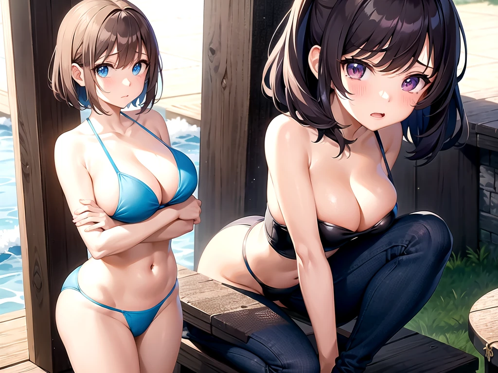 Create an image featuring a stylish girl in a swimsuit. The girl should be cute with light brown, bob-cut hair. She should have a sad, almost tearful expression on her face. Her pose should be kneeling, facing away from the viewer. Compose the image such that her buttocks are larger and prominently centered in the frame, with her tearful expression still visible. Ensure the focus on her buttocks is even more pronounced.