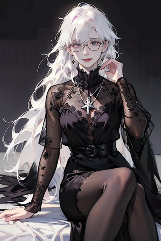 ((Playing with a raven:1.4)), (black lace gown, pantyhose :1.3), eyeglasses cross necklace. Cute 18 yo (albino:1.4)woman of Slavic descent.(short:1.1), long white hair, gray eyes, ((very pale:1.4)). Innocent look. Gentle spirit.(virgin),((smile)).Masterpiece, best quality(highly detailed:1.2),(detailed face and eyes:1.2), depth of field, 8k wallpaper, studio lighting, core shadows, high contrast, bokeh.