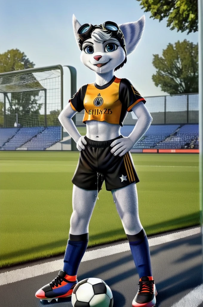 Rivet, tail, furry girl, 1girl, solo, young, (((Germany soccer shorts))), (((Germany soccer shirt))), (((Germany soccer shoes))), standing inside city park, detailed body fur, detailed body, detailed eyes, detailed face, athletic, skinny, high quality, masterpiece, small breasts, goggles, :D, looking at you, full body, ((good lighting on crotch)), (aroused), (horny), (bedroom eyes), ((vaginal juice dripping from crotch))