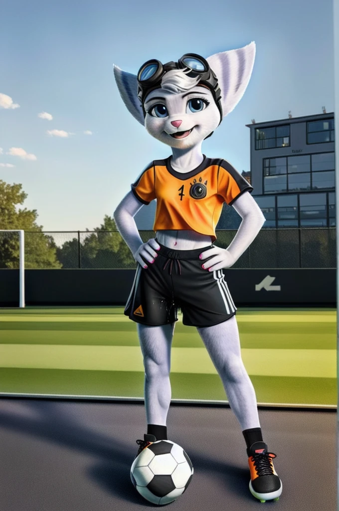 Rivet, tail, furry girl, 1girl, solo, young, (((Germany soccer shorts))), (((Germany soccer shirt))), (((Germany soccer shoes))), standing inside city park, detailed body fur, detailed body, detailed eyes, detailed face, athletic, skinny, high quality, masterpiece, small breasts, goggles, :D, looking at you, full body, ((good lighting on crotch)), (aroused), (horny), (bedroom eyes), ((vaginal juice dripping from crotch))