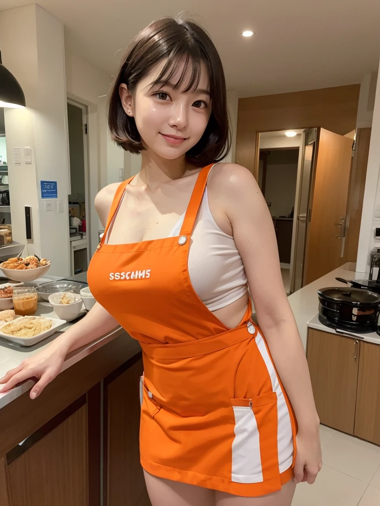((Highest quality, 8K, Tabletop: 1.3, RAW Photos)), Sharp focus: 1.2, (1. ASPA GIRL :1.1), (alone: 1.4), (Realistic, Realistic: 1.37), Very cute face, double eyelid,Highly detailed face,(Large ,Cleavag Bob, A small smile, (Orange suspender mini skirt:1.4), (Orange Apron:1.2), (Orange skirt and apron:1.3), (Naked Apron),
C