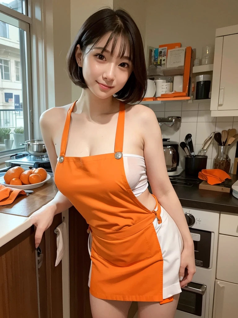 ((Highest quality, 8K, Tabletop: 1.3, RAW Photos)), Sharp focus: 1.2, (1. ASPA GIRL :1.1), (alone: 1.4), (Realistic, Realistic: 1.37), Very cute face, double eyelid,Highly detailed face,（Large Breasts,Cleavage）,Short Bob, A small smile, (Orange suspender mini skirt:1.4), (Orange Apron:1.2), (Orange skirt and apron:1.3), （Naked Apron）,
Cafe