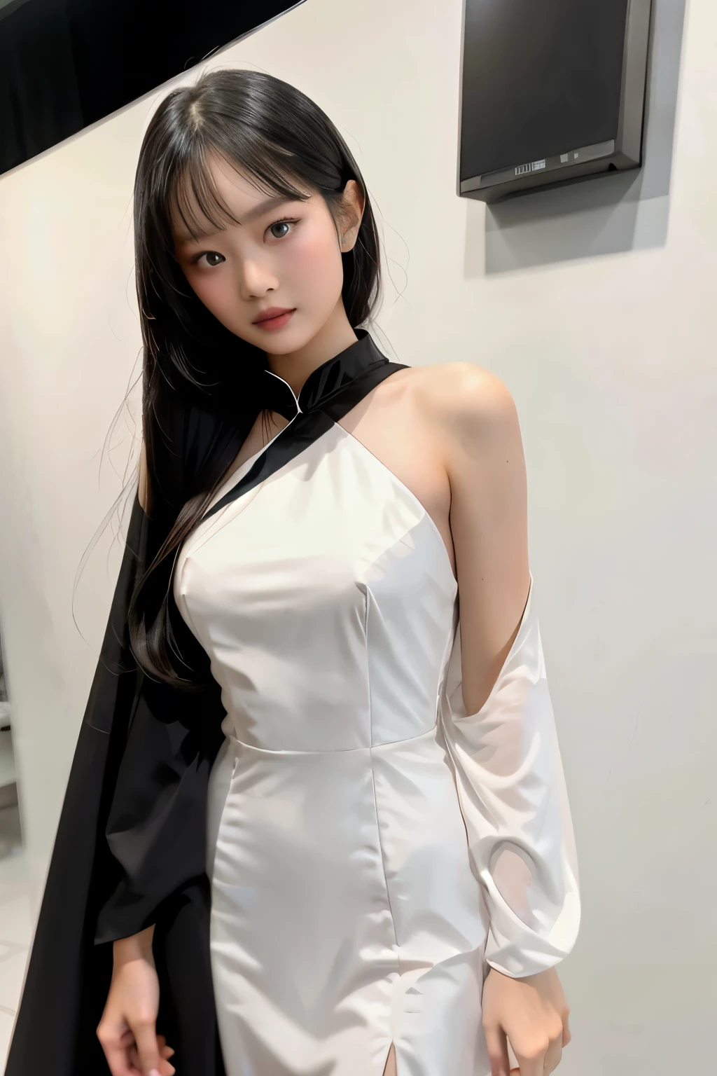 1 woman, Black formal long dress,white background,