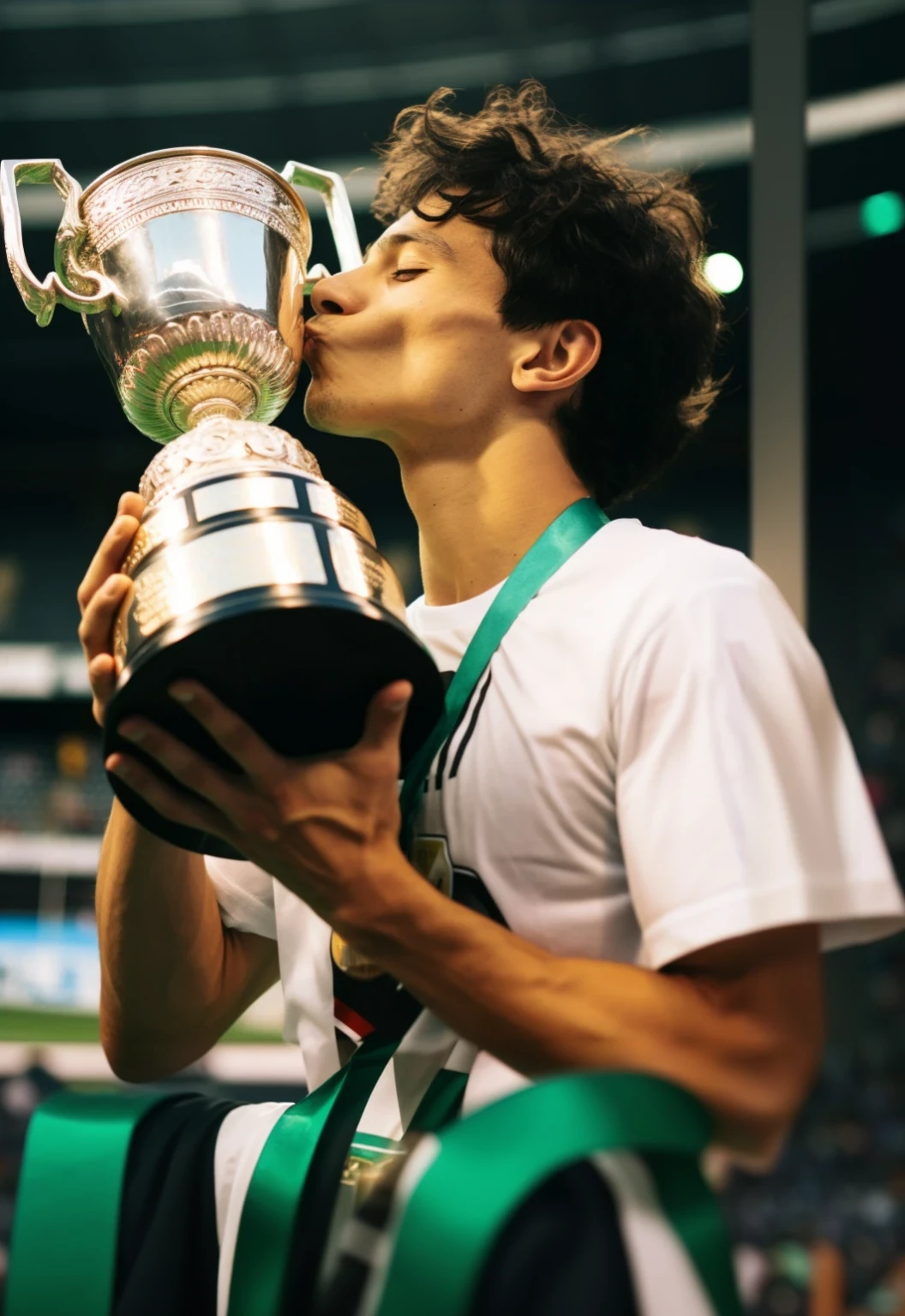 confused man kissing trophy in stadium with green ribbon around his neck, Diego Fernandez, Daniel Dociu, shot on canon eos r 6, Jacob Gauermann, Maxim Sukharev, Frédéric Vermehren, Reward - receiving, award-winning, holiday, award-winning, AVAR Victory, award-winning shot