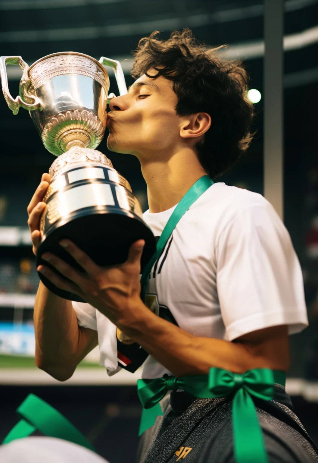 confused man kissing trophy in stadium with green ribbon around his neck, Diego Fernandez, Daniel Dociu, shot on canon eos r 6, Jacob Gauermann, Maxim Sukharev, Frédéric Vermehren, Reward - receiving, award-winning, holiday, award-winning, AVAR Victory, award-winning shot