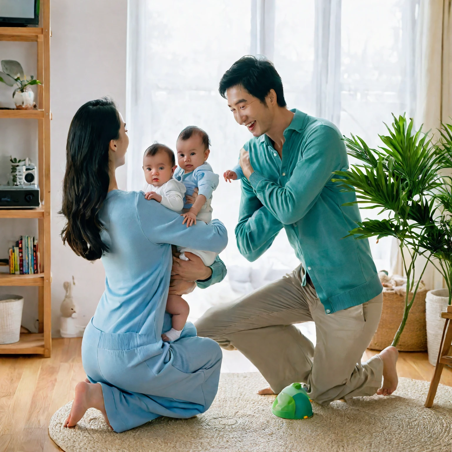 A heartwarming indoor family scene with a mother, father, and baby. The mother, wearing a beige top and blue skirt, stands behind the baby, the mother looking the baby, encouraging them to take their first steps. The father, in a green shirt, the eyes looking the baby, kneels down with open arms, ready to catch the baby. The baby, dressed in a light blue onesie, walks confidently towards the father. The setting is a cozy, sunlit living room with wooden floors, wooden blue tv shelf, a TV, potted plants, and a dark green sofa in the background. Warm sunlight filters through the large windows, the interior walls is painted dark blue.