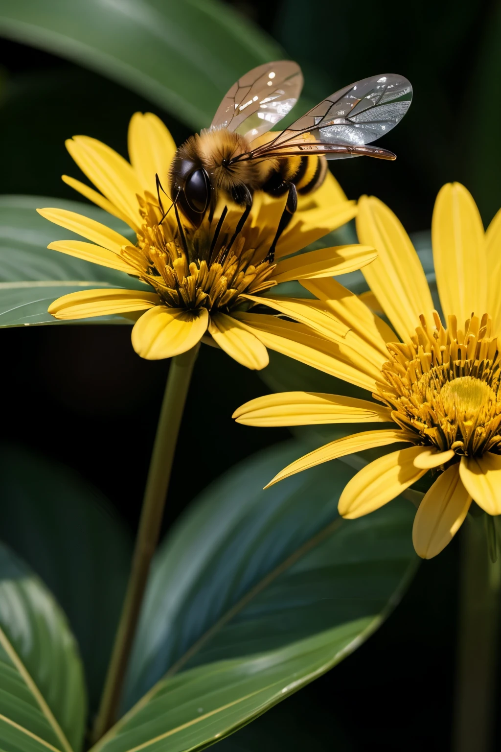 Ultra-realistic 8D photography of an Uruçu bee landing on a tropical flower. The image should capture the details of the translucent wings, of the thin coat and unique characteristics of the Uruçu bee, including its distinctive brands. Flower petals should be vibrant and detailed. Lighting should be natural, with sharp focus on the bee and the flower, and a gently blurred background to highlight the main scene.