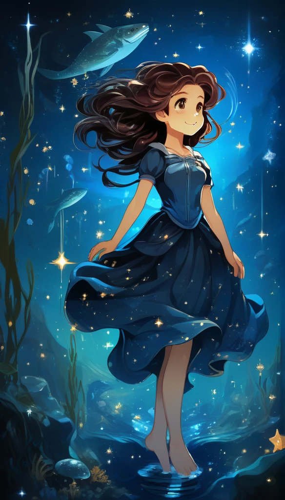 (1girl:1.3),arien_faitytale,fantastic world,undersea starry sky,